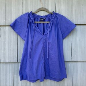 GAP women's short sleeve blouse, cotton/linen flutter sleeve royal blue, large